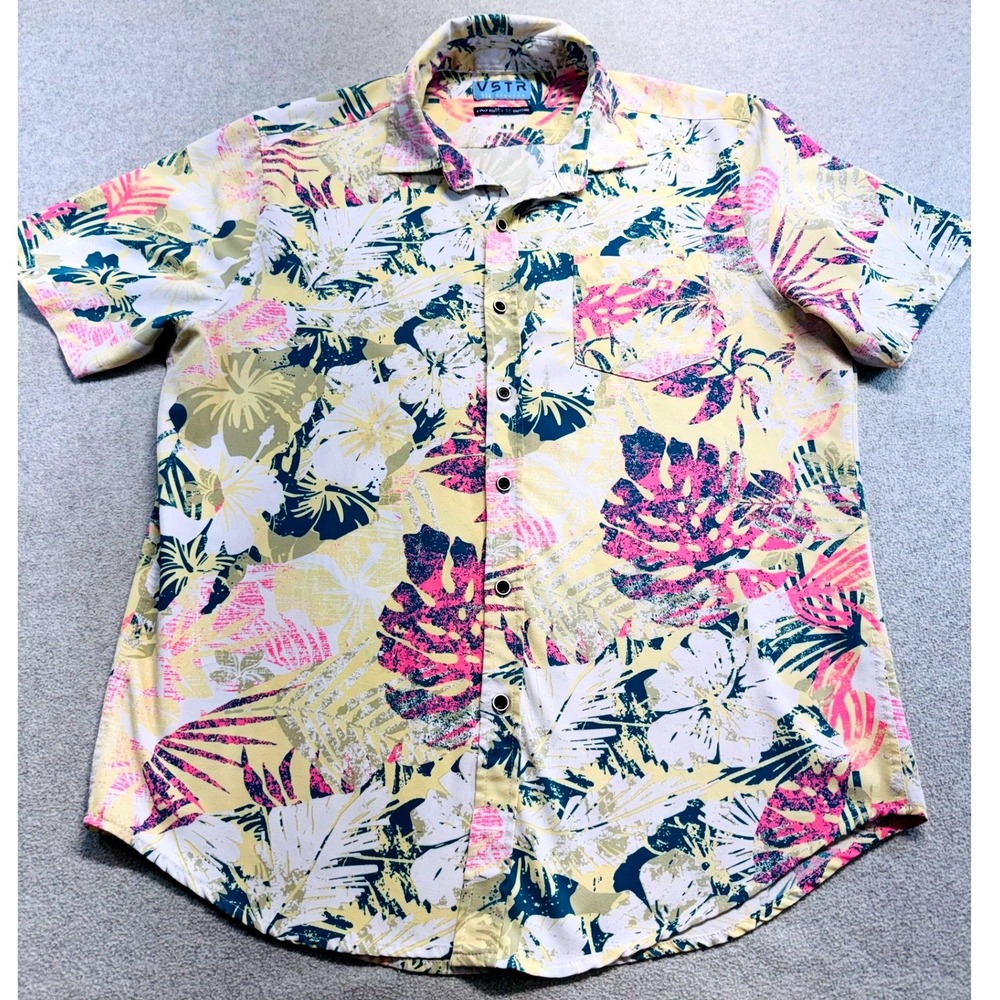 VSTR Button Down Shirt Mens M Yellow Pink Tropical 4-Way Stretch Casual Vacation